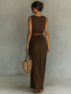 Minimalist Cowl Neck Sleeveless Belted Maxi Dress