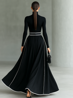 Women's Black Stitching White Trim High Collar Long Sleeve Tight Belt Maxi Dress