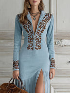 Western Half-Zip Embroidered Faux Suede Fringe Maxi Dress