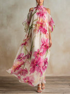 Floral Print Halter Neck Off-shoulder Flowing Maxi Dress