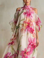 Floral Print Halter Neck Off-shoulder Flowing Maxi Dress
