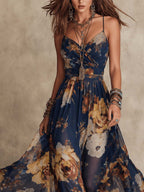Navy Floral Chiffon Strap Dress