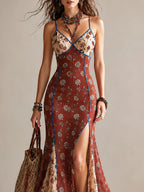 Rust Floral Chiffon Maxi Dress
