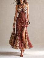 Rust Floral Chiffon Maxi Dress