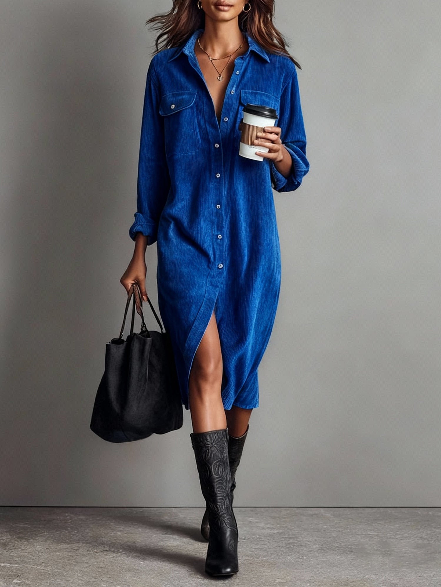 Loose Corduroy Double Chest Pocket Single Breasted Midi Dress