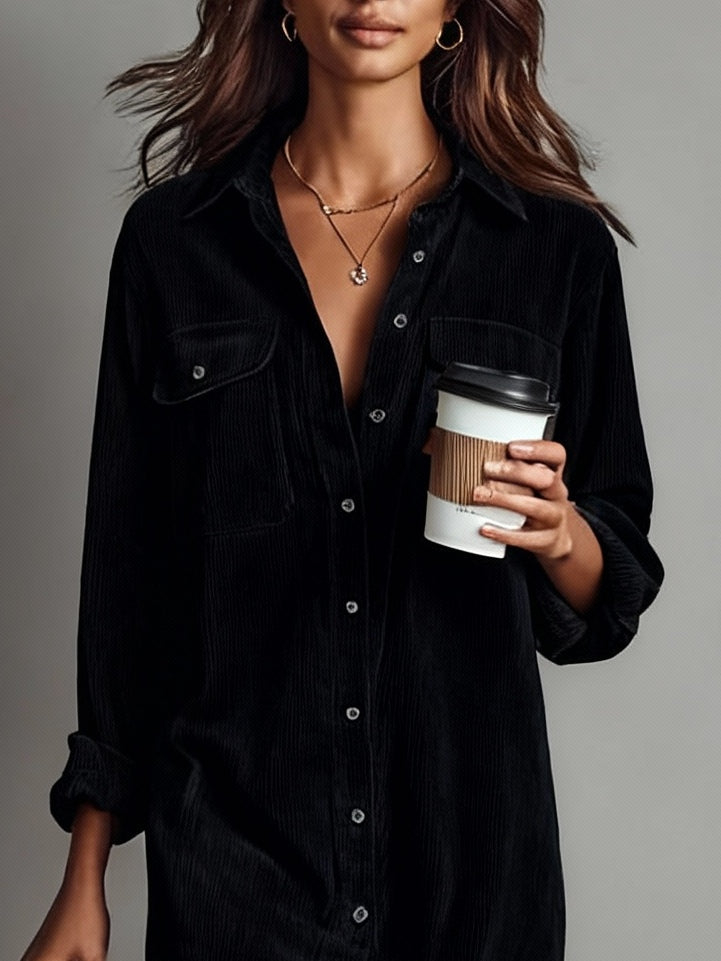 Black Loose Corduroy Double Chest Pocket Single Breasted Midi Dress