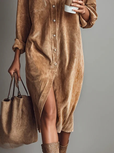 Loose Corduroy Double Chest Pocket Single Breasted Midi Dress