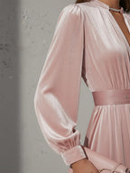 Elegant Light Pink V-Neck Velvet Maxi Dress