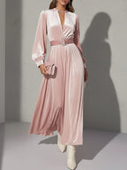 Elegant Light Pink V-Neck Velvet Maxi Dress