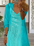 Nextmacys-Women's Long Sleeve V-neck Graphic Printed Two Pieces Maxi Dress