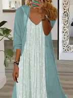 Nextmacys-Women Half Sleeve V-neck Graphic Printed Two-Piece Maxi Dress-Petite Size Available