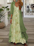 Nextmacys-Women's Long Sleeve V-neck Floral Printed Two Pieces Maxi Dress