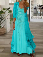 Nextmacys-Women's Long Sleeve V-neck Graphic Printed Two Pieces Maxi Dress