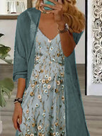 Nextmacys-Women's Long Sleeve V-neck Floral Printed Two Pieces Maxi Dress