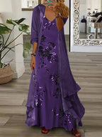 Nextmacys-Women's Long Sleeve V-neck Graphic Printed Two Pieces Maxi Dress