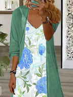 Women's Long Sleeve V-neck Graphic Printed Two Pieces Maxi Dress