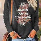 Broken Crayons Print -shirt, Casual Long Sleeve Crew Neck Top For Spring & Fall, Women's Clothing