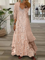 Nextmacys-Women's Long Sleeve V-neck Graphic Printed Two Pieces Maxi Dress