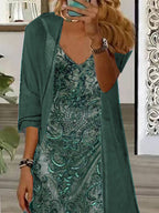 Women's Long Sleeve V-neck Graphic Printed Two Pieces Maxi Dress