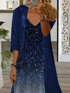 Nextmacys-Women's Long Sleeve V-neck Graphic Printed Two Pieces Maxi Dress