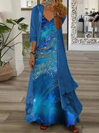 Women's Long Sleeve V-neck Graphic Printed Two Pieces Maxi Dress
