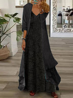 Nextmacys-Women's Long Sleeve V-neck Graphic Printed Two Pieces Maxi Dress