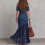 Off-Shoulder Mesh Hem Midi Dress – Slim Fit Short Sleeve Dress