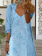 Women's Long Sleeve V-neck Floral Printed Two Pieces Maxi Dress
