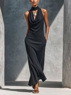 Women's Solid-color Cowl-neck Sleeveless Casual Loose-fit Cotton Dress