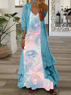 Women's Long Sleeve V-neck Floral Printed Two Pieces Maxi Dress