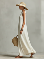 Sleeveless  Asymmetric Hem Ivory Breathable Linen Dress