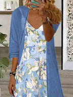 Women's Long Sleeve V-neck Graphic Printed Two Pieces Maxi Dress