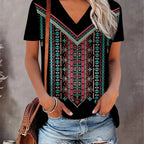 Ethnic Print V Neck T-Shirt, Casual Short Sleeve T-Shirt For Spring & Summer, Women's Clothing