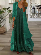 Nextmacys-Women's Long Sleeve V-neck Graphic Printed Two Pieces Maxi Dress