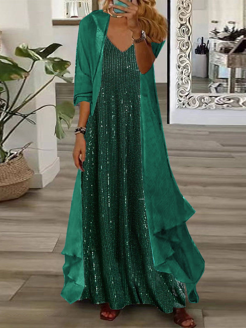 Nextmacys-Women's Long Sleeve V-neck Graphic Printed Two Pieces Maxi Dress