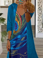 Nextmacys-Women's Long Sleeve V-neck Graphic Printed Two Pieces Maxi Dress