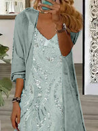 Women's Long Sleeve V-neck Graphic Printed Two Pieces Maxi Dress