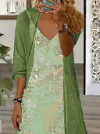 Women's Long Sleeve V-neck Graphic Printed Two Pieces Maxi Dress