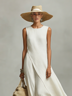 Sleeveless  Asymmetric Hem Ivory Breathable Linen Dress