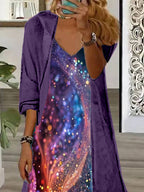 Women's Long Sleeve V-neck Graphic Printed Two Pieces Maxi Dress