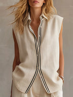 Casual Retro Apricot Cotton Linen Sleeveless Striped Shirt And Shorts Set