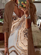 Nextmacys-Women's Long Sleeve V-neck Graphic Printed Two Pieces Maxi Dress