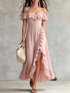 Women's Summer Cotton Off Shoulder Ruffled Ruched Flowy Maxi Dress