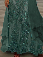 Women's Long Sleeve V-neck Graphic Printed Two Pieces Maxi Dress