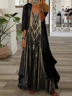 Women's Long Sleeve V-neck Graphic Printed Two Pieces Maxi Dress