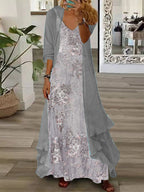Nextmacys-Women's Long Sleeve V-neck Floral Printed Two Pieces Maxi Dress