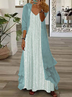 Nextmacys-Women Half Sleeve V-neck Graphic Printed Two-Piece Maxi Dress-Petite Size Available