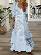 Women's Long Sleeve V-neck Graphic Printed Two Pieces Maxi Dress