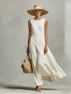 Sleeveless  Asymmetric Hem Ivory Breathable Linen Dress