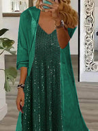 Nextmacys-Women's Long Sleeve V-neck Graphic Printed Two Pieces Maxi Dress